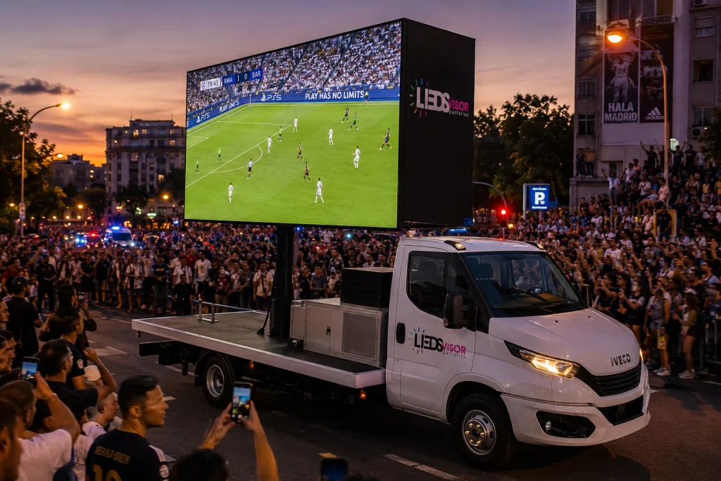 Camión LED móvil Ledsvisor con pantalla gigante retransmitiendo un partido de fútbol en directo en Madrid