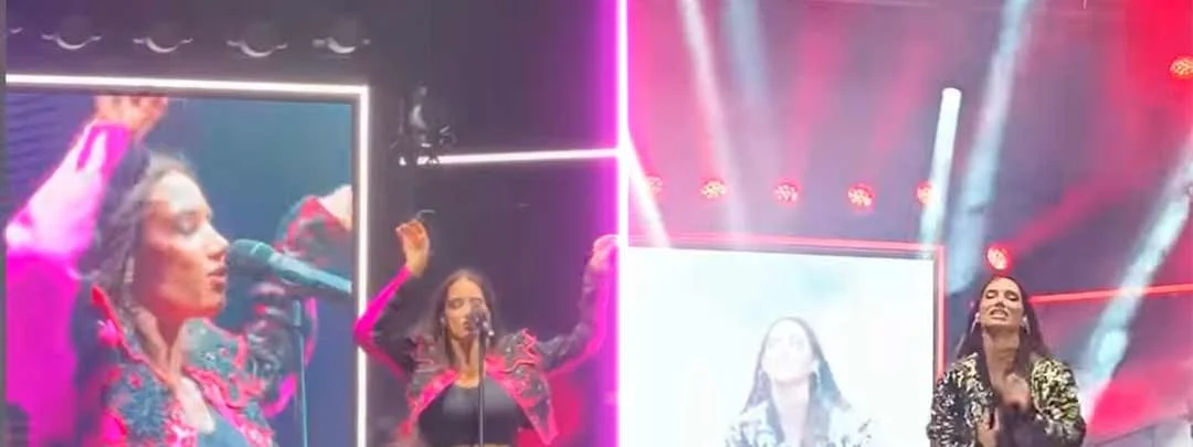 Pantalla LED mostrando en directo a la artista durante un concierto, con la iluminación de escenario