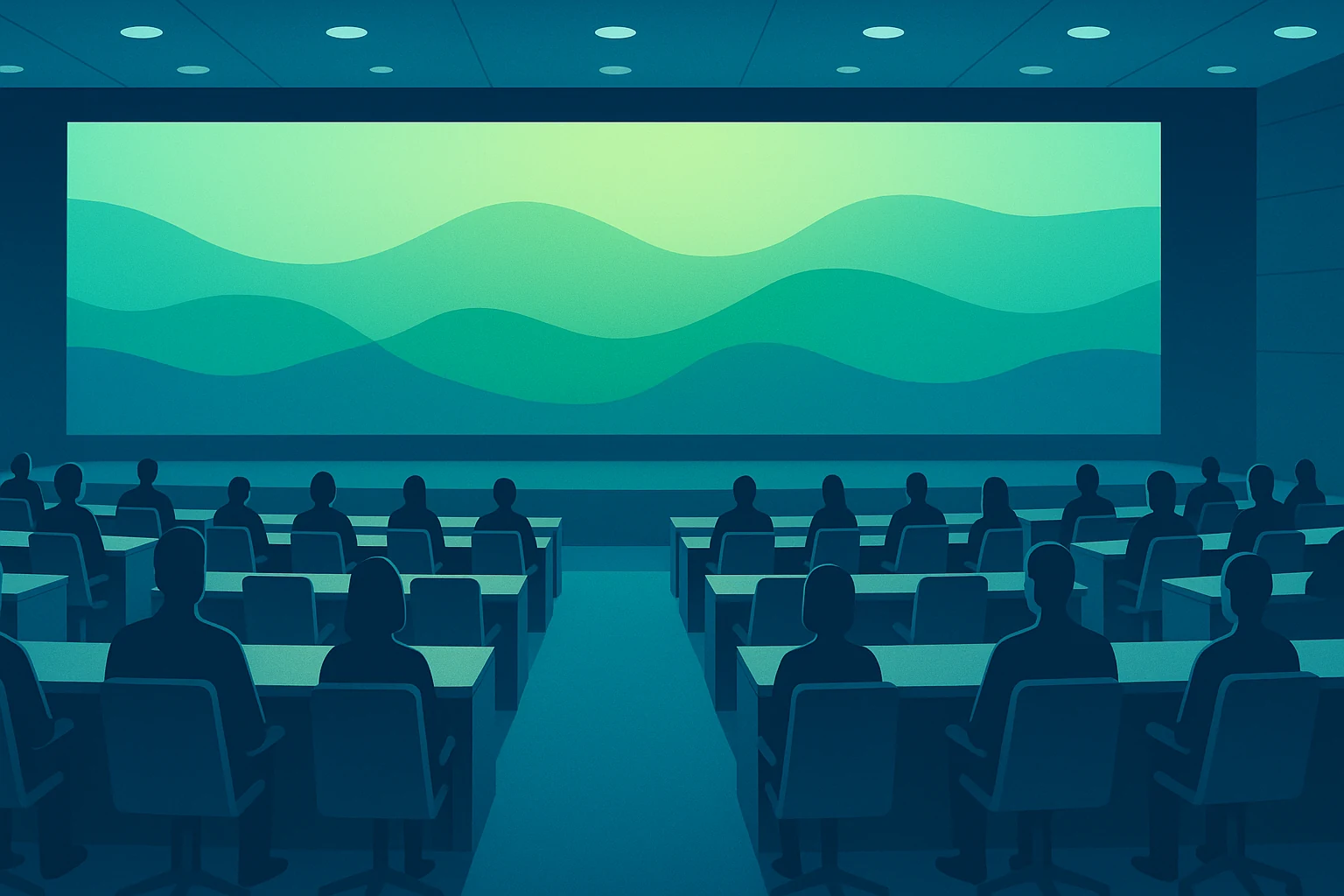 Ilustración de una sala plenaria de congresos con pantalla LED de gran formato